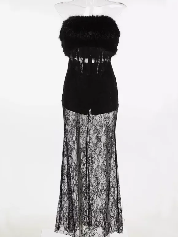 Robe longue sexy en fausse fourrure et dentelle pour femme - Body bustier noir sans bretelles avec jupe transparente - Soirée d'été 2026