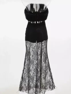 Robe longue sexy en fausse fourrure et dentelle pour femme - Body bustier noir sans bretelles avec jupe transparente - Soirée d'été 2026