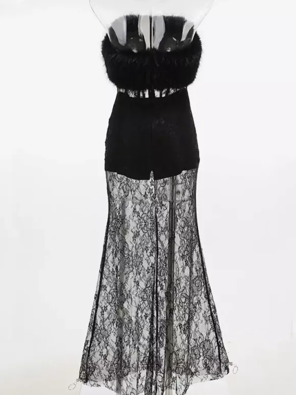 Robe longue sexy en fausse fourrure et dentelle pour femme - Body bustier noir sans bretelles avec jupe transparente - Soirée d'été 2026