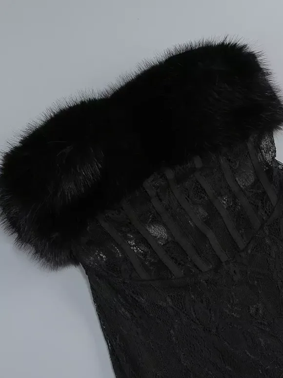 Robe longue sexy en fausse fourrure et dentelle pour femme - Body bustier noir sans bretelles avec jupe transparente - Soirée d'été 2026