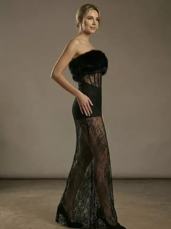 Robe longue sexy en fausse fourrure et dentelle pour femme - Body bustier noir sans bretelles avec jupe transparente - Soirée d'été 2026