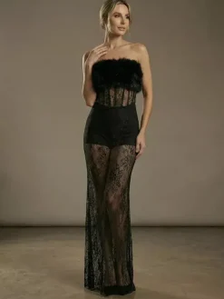 Robe longue sexy en fausse fourrure et dentelle pour femme - Body bustier noir sans bretelles avec jupe transparente - Soirée d'été 2026