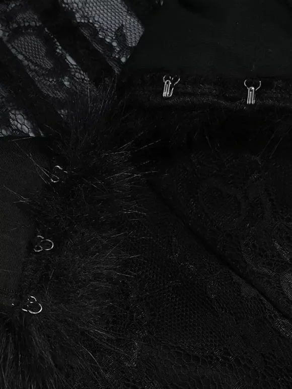 Robe longue sexy en fausse fourrure et dentelle pour femme - Body bustier noir sans bretelles avec jupe transparente - Soirée d'été 2026