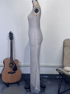 Robe longue sirène moulante à col carré et paillettes glamour pour femme 2026