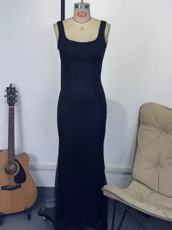 Robe longue sirène moulante à col carré et paillettes glamour pour femme 2026