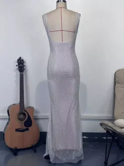 Robe longue sirène moulante à col carré et paillettes glamour pour femme 2026