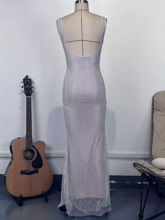 Robe longue sirène moulante à col carré et paillettes glamour pour femme 2026