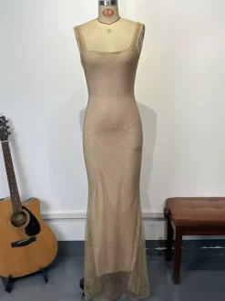 Robe longue sirène moulante à col carré et paillettes glamour pour femme 2026