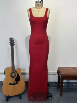 Robe longue sirène moulante à col carré et paillettes glamour pour femme 2026