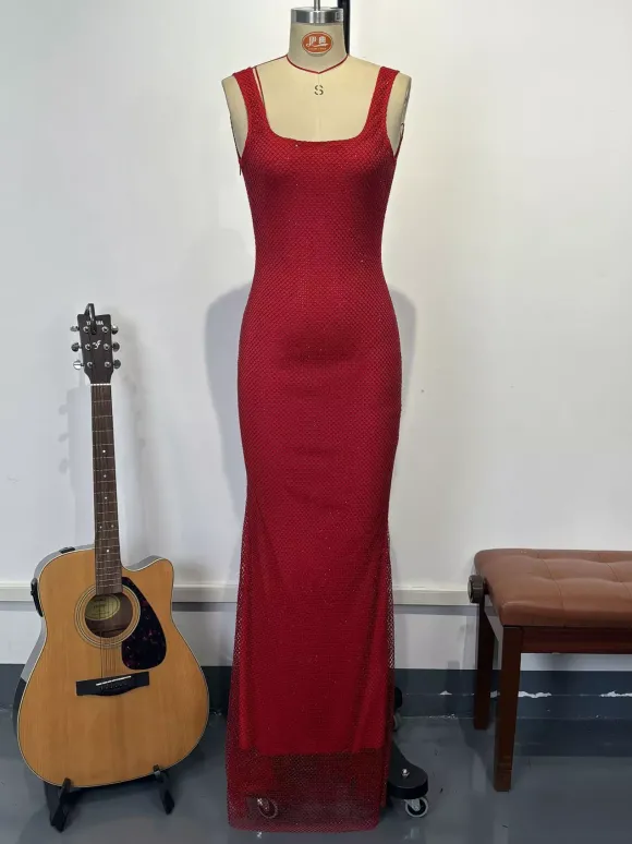 Robe longue sirène moulante à col carré et paillettes glamour pour femme 2026