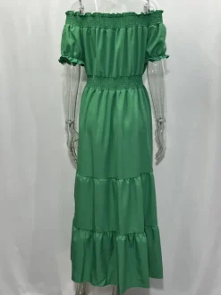 Robe longue smockée à épaules dénudées pour femme - Robe de plage bohème à volants et manches bouffantes - Été 2026
