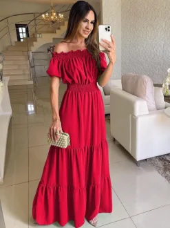 Robe longue smockée à épaules dénudées pour femme - Robe de plage bohème à volants et manches bouffantes - Été 2026