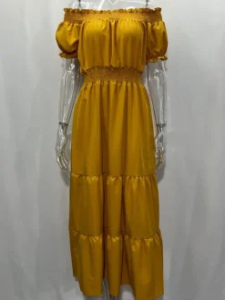 Robe longue smockée à épaules dénudées pour femme - Robe de plage bohème à volants et manches bouffantes - Été 2026