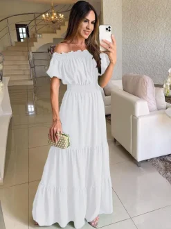 Robe longue smockée à épaules dénudées pour femme - Robe de plage bohème à volants et manches bouffantes - Été 2026