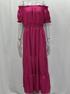 Robe longue smockée à épaules dénudées pour femme - Robe de plage bohème à volants et manches bouffantes - Été 2026