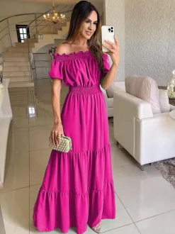 Robe longue smockée à épaules dénudées pour femme - Robe de plage bohème à volants et manches bouffantes - Été 2026