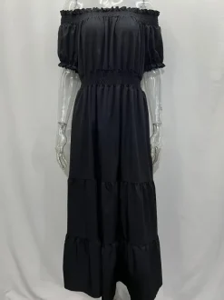 Robe longue smockée à épaules dénudées pour femme - Robe de plage bohème à volants et manches bouffantes - Été 2026