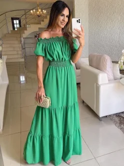 Robe longue smockée à épaules dénudées pour femme - Robe de plage bohème à volants et manches bouffantes - Été 2026