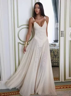 Robe longue transparente pour femme - Body sexy en maille patchwork à col V - Robe fluide - Été Beach Club 2026