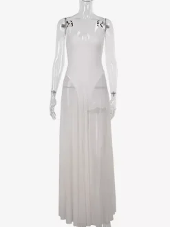 Robe longue transparente pour femme - Body sexy en maille patchwork à col V - Robe fluide - Été Beach Club 2026