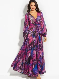 Robe longue tropicale pour femme - Robe portefeuille imprimée feuilles col en V et manches lanternes - Idéale pour les fêtes d'été à la plage 2026