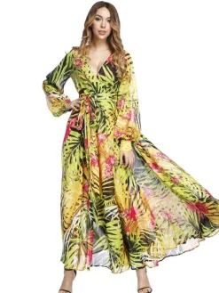 Robe longue tropicale pour femme - Robe portefeuille imprimée feuilles col en V et manches lanternes - Idéale pour les fêtes d'été à la plage 2026