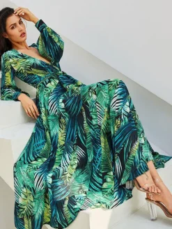 Robe longue tropicale pour femme - Robe portefeuille imprimée feuilles col en V et manches lanternes - Idéale pour les fêtes d'été à la plage 2026