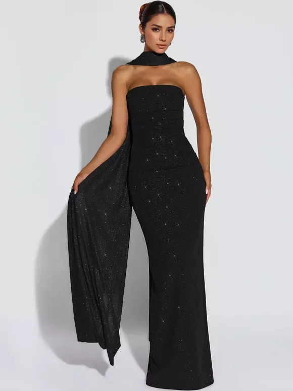 Robe longue tube à paillettes pour femme - Robe moulante dos nu sexy avec foulard - Tenue de soirée d'été 2026