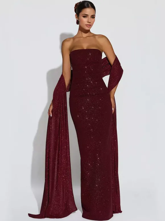 Robe longue tube à paillettes pour femme - Robe moulante dos nu sexy avec foulard - Tenue de soirée d'été 2026