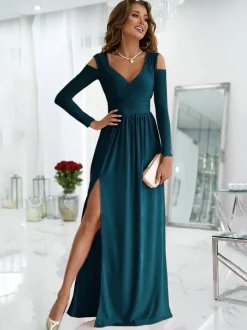 Robe Longue Verte en Mousseline Femme à Col Décolleté en V avec Manches Longues avec Fente Unicolore Robe de Soirée