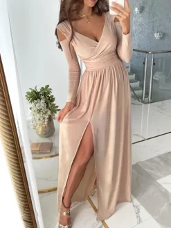 Robe Longue Verte en Mousseline Femme à Col Décolleté en V avec Manches Longues avec Fente Unicolore Robe de Soirée