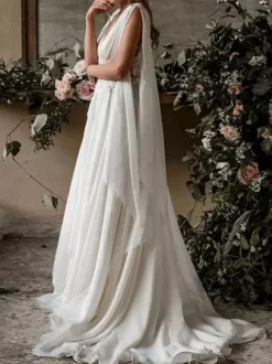 Robe mariée bohème col et dos V manche longue jupe plissée Robe de mariage