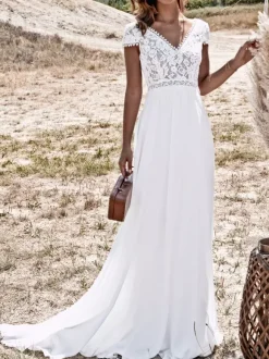 Robe mariée bohème robe de mariée boho col V manche courte boutonnée sur dos top en dentelle jupe