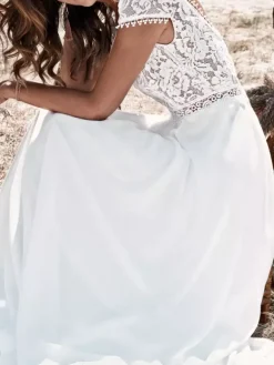 Robe mariée bohème robe de mariée boho col V manche courte boutonnée sur dos top en dentelle jupe