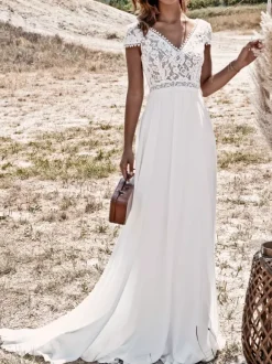 Robe mariée bohème robe de mariée boho col V manche courte boutonnée sur dos top en dentelle jupe