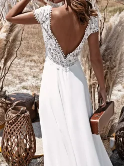 Robe mariée bohème robe de mariée boho col V manche courte boutonnée sur dos top en dentelle jupe