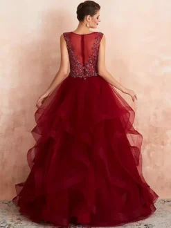 Robe mariée bordeaux col v plongeat dos transparent décoré de pailletes jupe évasée en tulle Robe de mariée