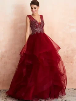 Robe mariée bordeaux col v plongeat dos transparent décoré de pailletes jupe évasée en tulle Robe de mariée