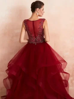Robe mariée bordeaux col v plongeat dos transparent décoré de pailletes jupe évasée en tulle Robe de mariée