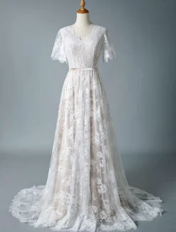 Robe mariée col et dos en V manche courte ne dentelle à traîne Robe de mariée