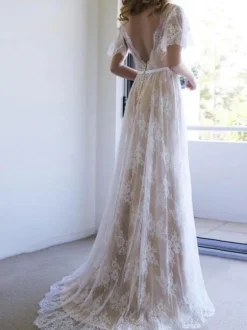 Robe mariée col et dos en V manche courte ne dentelle à traîne Robe de mariée