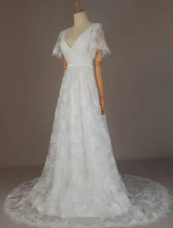 Robe mariée col et dos en V manche courte ne dentelle à traîne Robe de mariée
