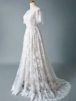 Robe mariée col et dos en V manche courte ne dentelle à traîne Robe de mariée