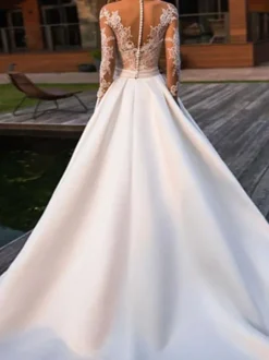 Robe mariée col rond en dentelle manche longue floral jupe évasé à traîne Robe de mariée