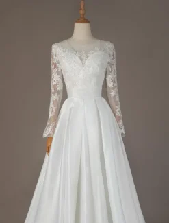 Robe mariée col rond en dentelle manche longue floral jupe évasé à traîne Robe de mariée