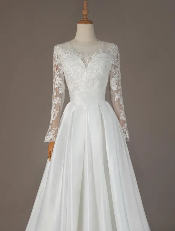 Robe mariée col rond en dentelle manche longue floral jupe évasé à traîne Robe de mariée