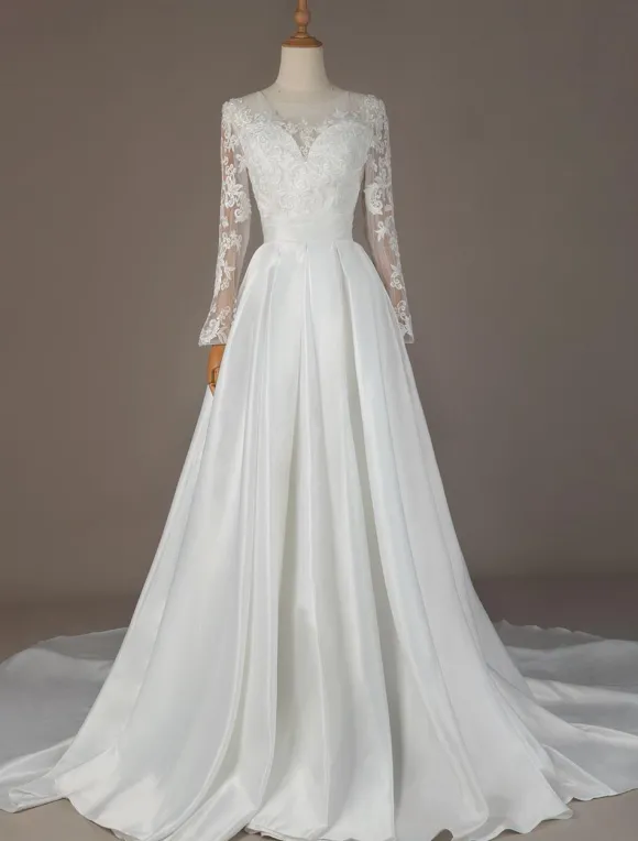Robe mariée col rond en dentelle manche longue floral jupe évasé à traîne Robe de mariée