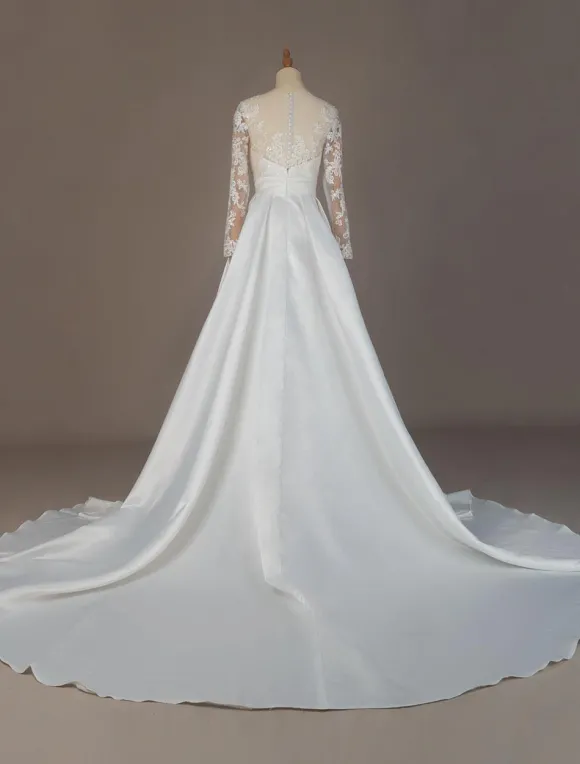 Robe mariée col rond en dentelle manche longue floral jupe évasé à traîne Robe de mariée