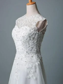 Robe mariée courte col rond en dentelle pailletes jupe en tulle zip sur dos Robe de mariage