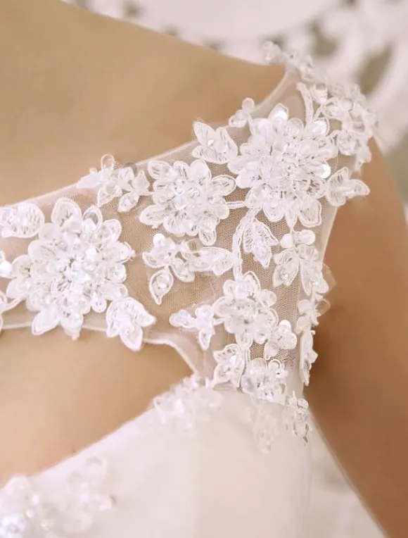 Robe mariée princesse col rond en dentelle dos nu à laçage jupe évasée en dentelle pailleté robe de mariée